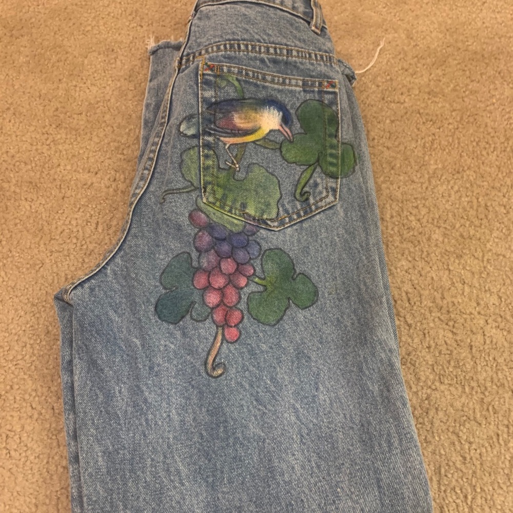 Paul Ropp hand paint /art  bird garden Vintage  90’s painted jeans Rare - Picture 4 of 6